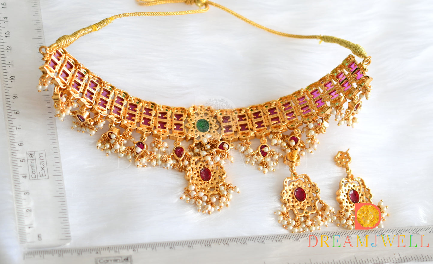 Matte Finish bridal choker kemp-green gutta pusalu set dj-23573