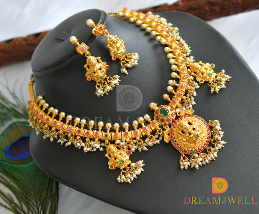 Gold tone Gutta pusalu Lakshmi ruby-emerald necklace set dj-10984