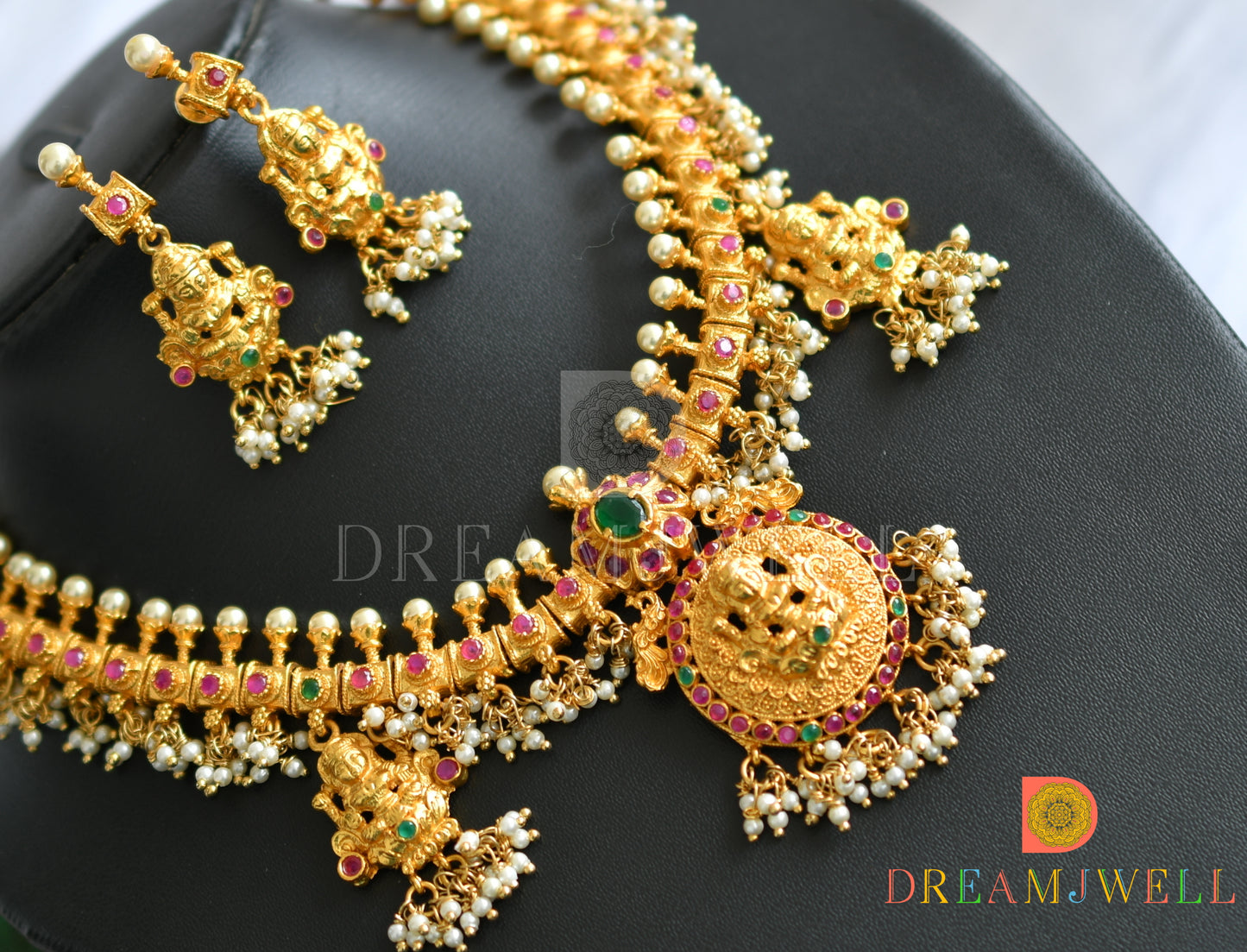 Gold tone Gutta pusalu Lakshmi ruby-emerald necklace set dj-10984