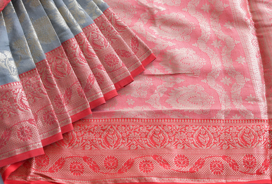 Cotton red-grey Handloom saree dj-38838