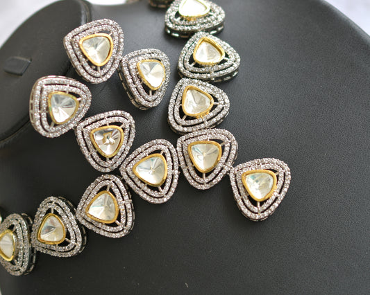 Two tone cz white kundan stone necklace set dj-38865