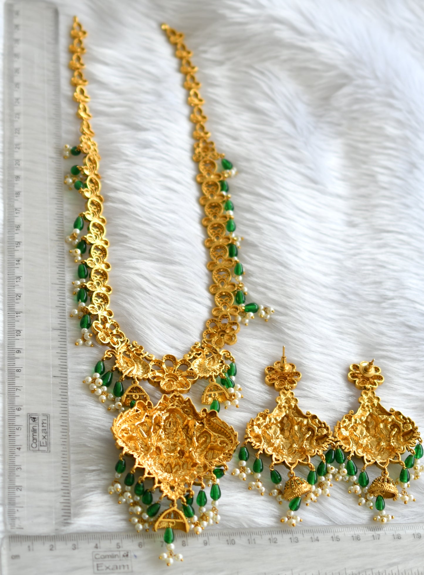 Antique gold tone ruby-white Lakshmi-peacock short haar set dj-39595