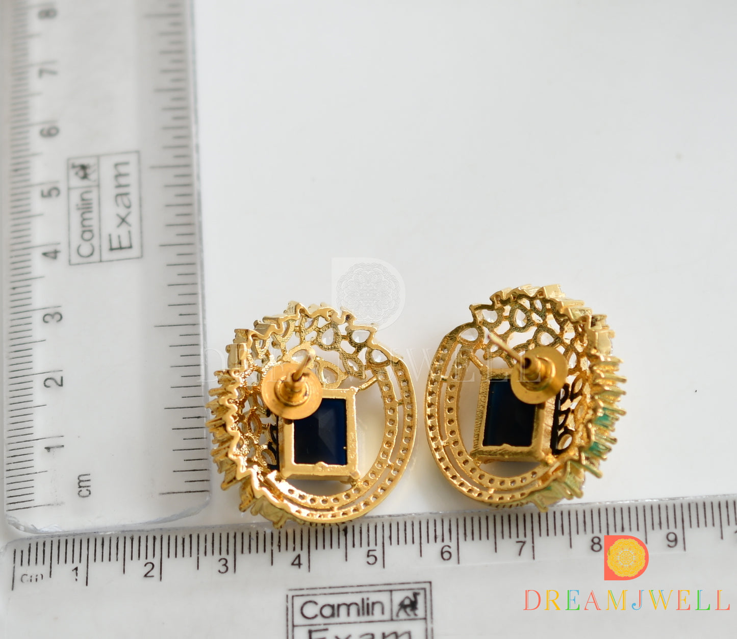 Gold tone cz blue big stud/earrings dj-27757