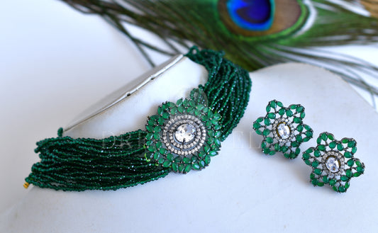Oxidised silver tone beaded choker necklace set