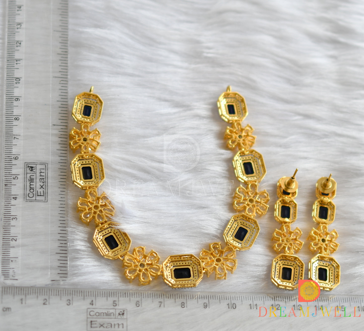 Gold tone cz-blue flower necklace set dj-14688