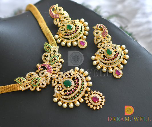 Gold tone cz-ruby-emerald peacock necklace set dj-07156