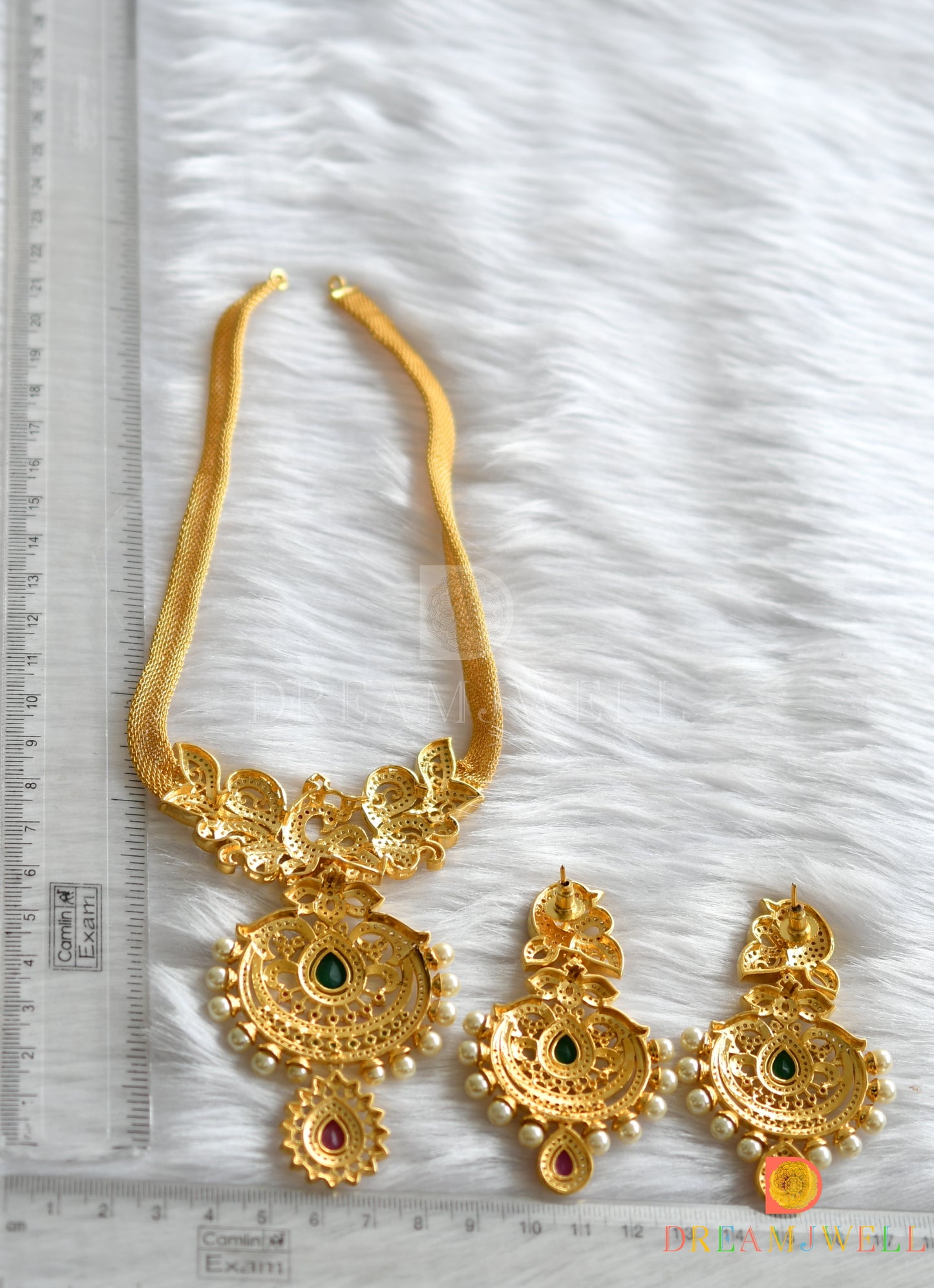 Gold tone cz-ruby-emerald peacock necklace set dj-07156