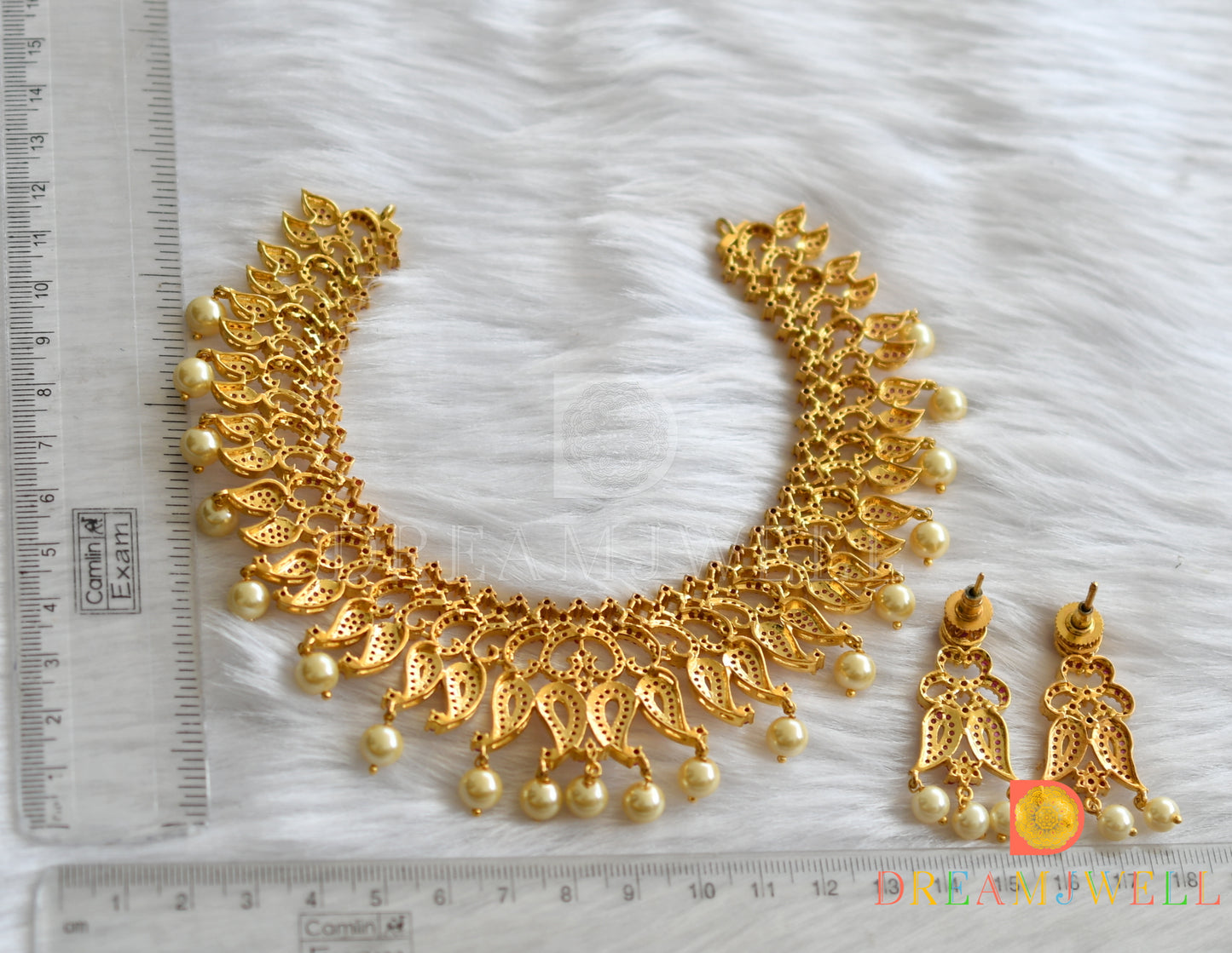 Gold plated cz-ruby mango pearl necklace set dj-07559