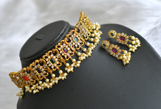 Matte finish navarathna stone peacock gutta pusalu choker necklace set dj-39586