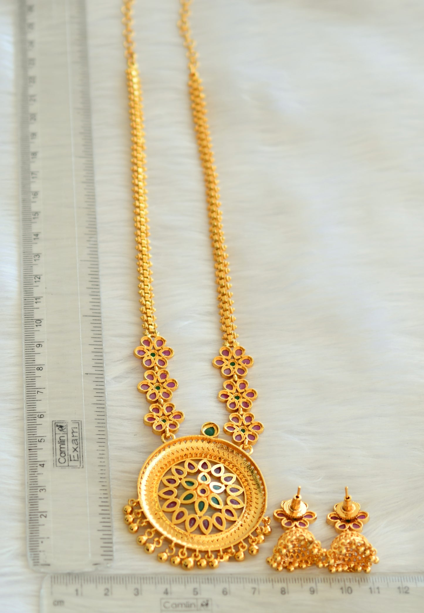 Gold tone ruby-emerald flower necklace set dj-19295