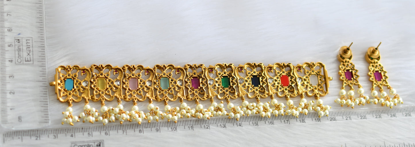 Matte finish navarathna stone peacock gutta pusalu choker necklace set dj-39586