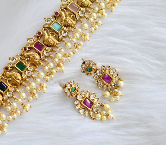 Matte finish navarathna block stone peacock gutta pusalu choker necklace set dj-39588