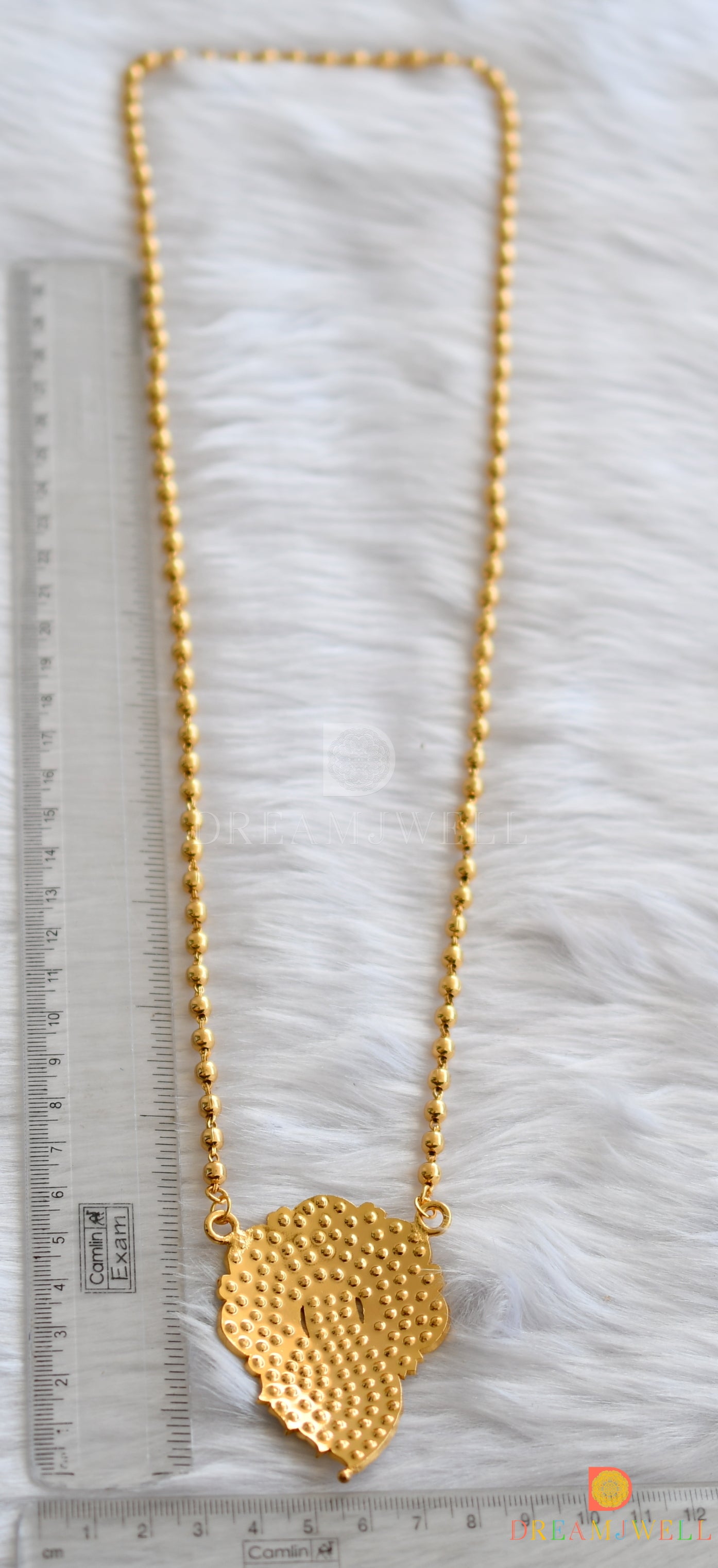 Gold tone pink-green-white stone pendant with chain dj-38063