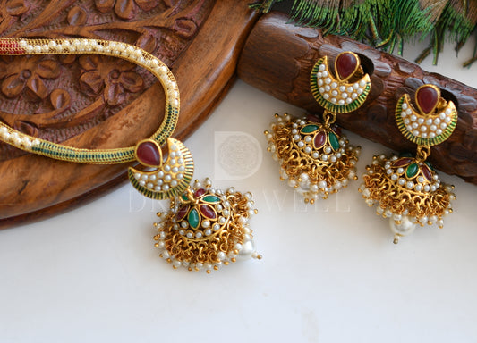 Antique gold tone Pearl Cluster Kemp-green moon shape jhumkka pendant set dj-15189