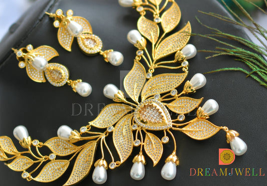 Gold finish cz pearl designer necklace set dj-14790