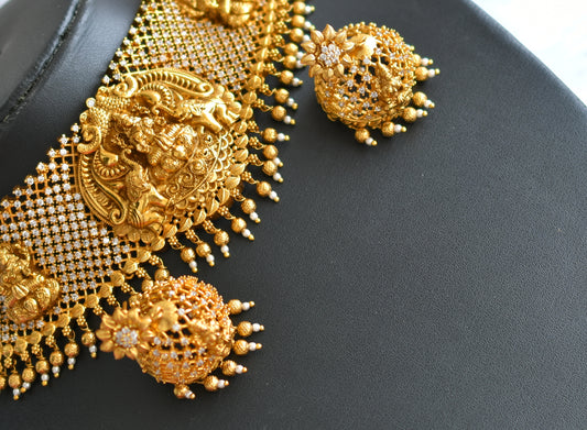 Matte finish White stone Elephant-Lakshmi choker necklace set dj-38926