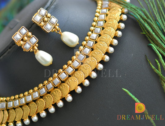 Antique gold designer pearl Lakshmi coin necklace set dj-16794