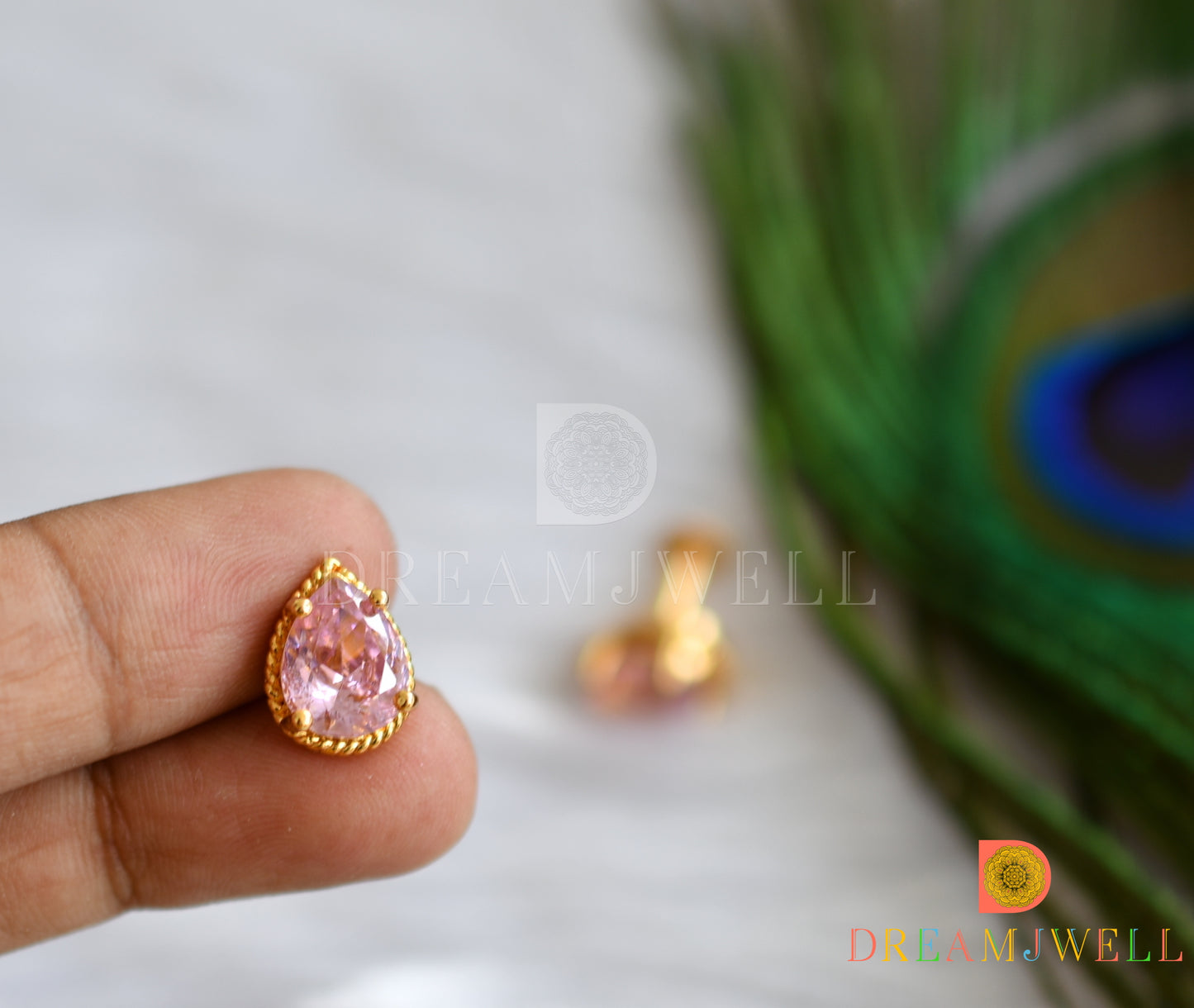 Gold tone baby pink stone chain Lakshmi coin pendant with pair of earrings dj-38061