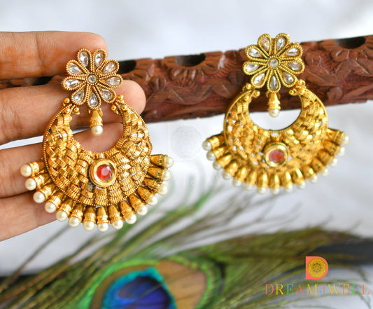 Antique gold tone ruby-white big bali earrings dj-37315