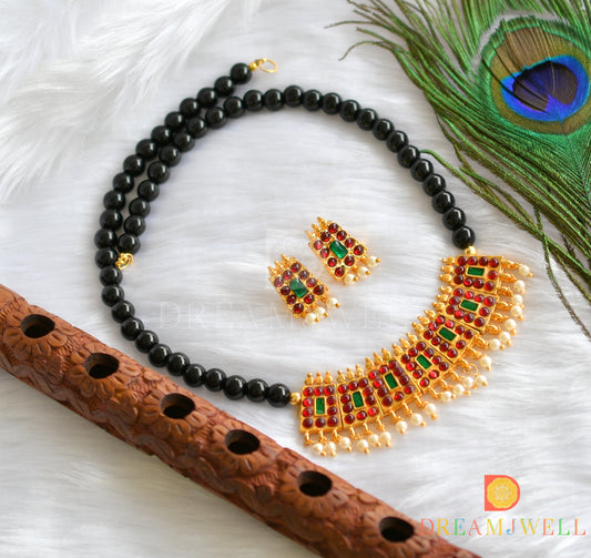 Gold tone kemp-green black beaded poothali necklace set dj-37285