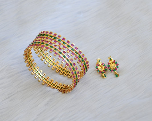 Gold tone ruby-emerald square stone bangles with earrings (2.8) dj-25143