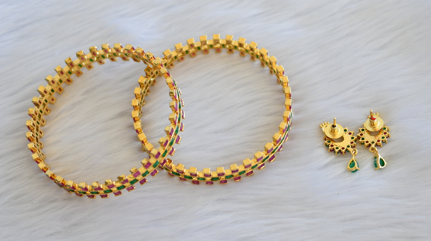 Gold tone ruby-emerald square stone bangles with earrings (2.8) dj-25143