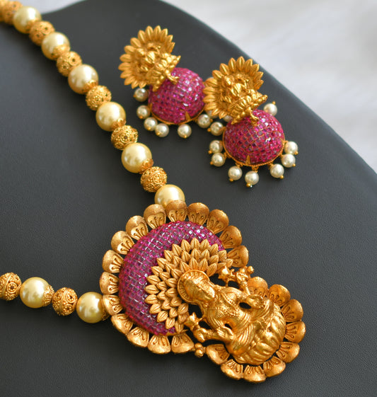 Matte finish ruby pearl beaded Lakshmi necklace set dj-03241