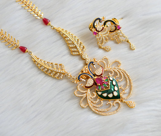 Gold tone cz meenakari peacock Long necklace set dj-03206