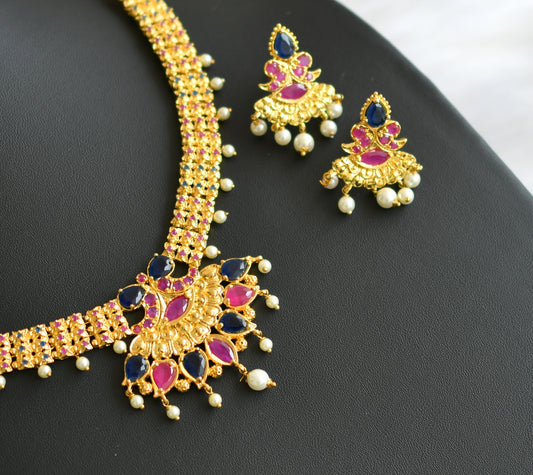 Gold tone ruby-blue necklace set dj-03245
