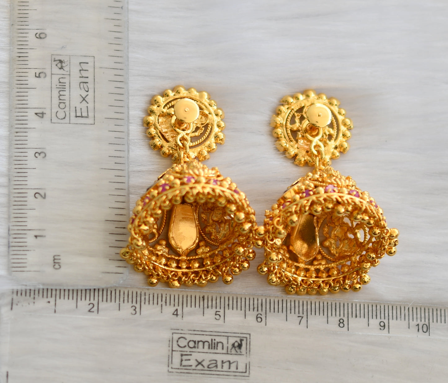 Gold tone pink-green Nagapadam Lakshmi 3 petal big jhumkka dj-40302