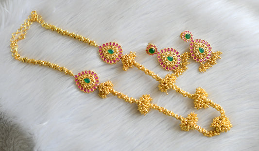 Gold tone ruby-emerald mugappu necklace set dj-03236