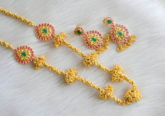 Gold tone ruby-emerald mugappu necklace set dj-03236