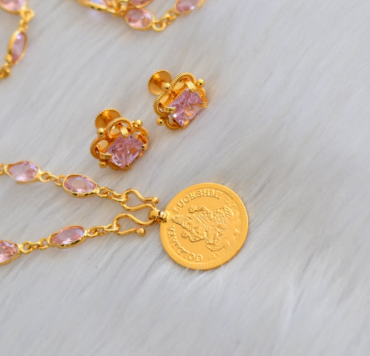 Gold tone Lakshmi coin baby pink stone chain Lakshmi coin pendant set dj-40311