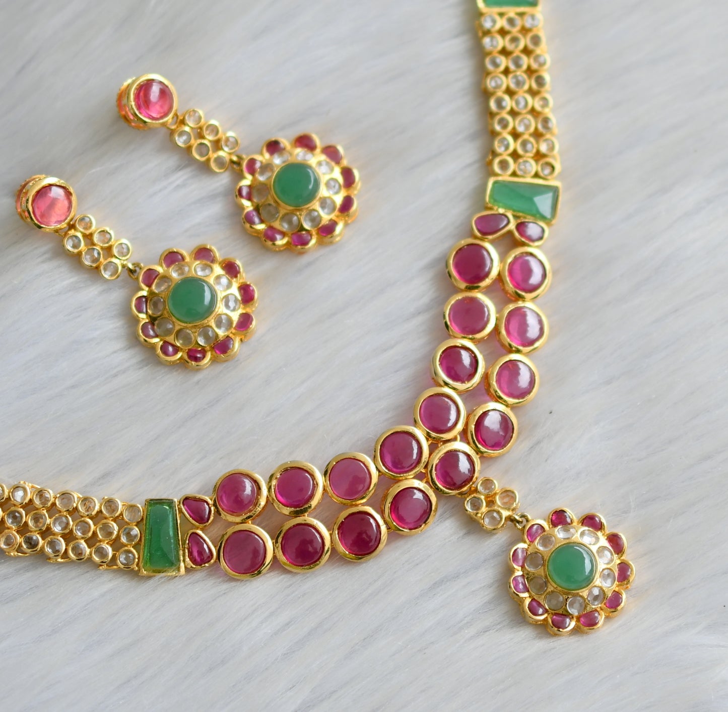 Gold tone semiprecious ruby-emerald necklace set dj-03169