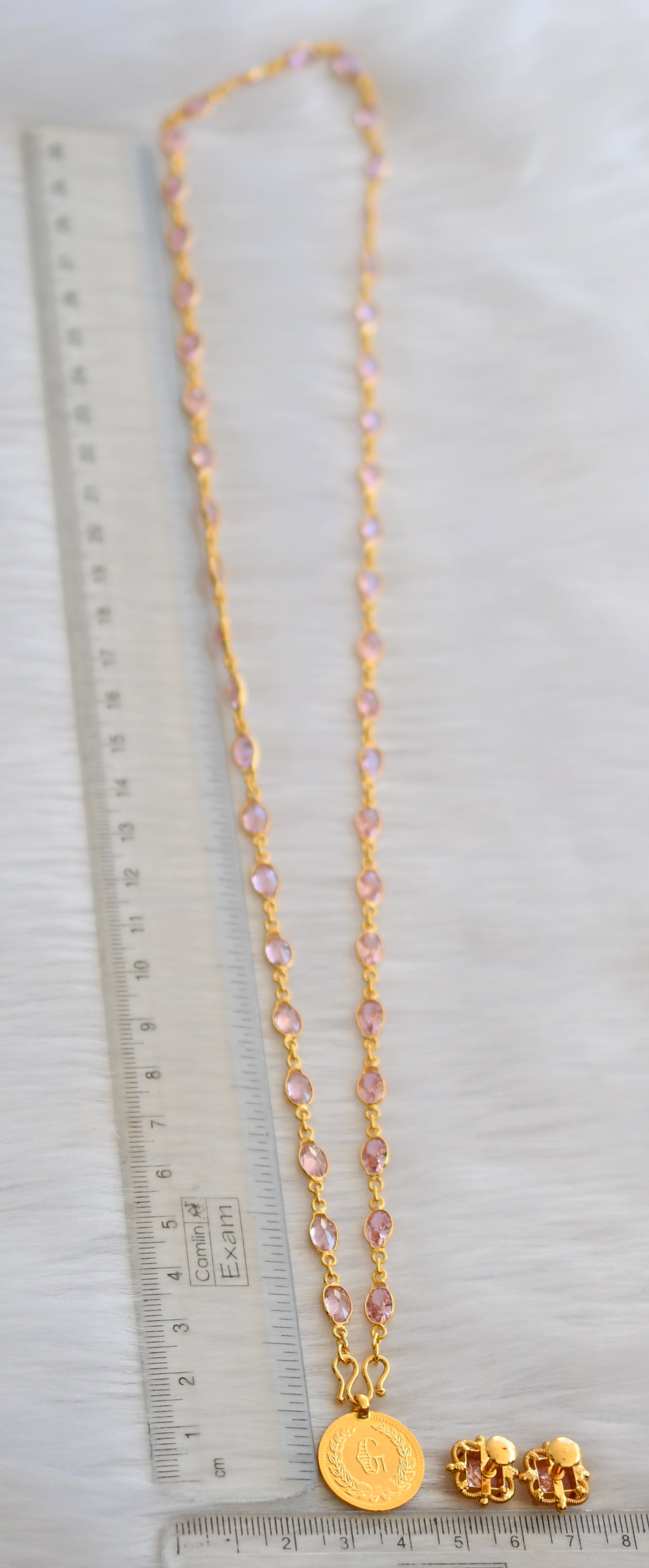 Gold tone Lakshmi coin baby pink stone chain Lakshmi coin pendant set dj-40311