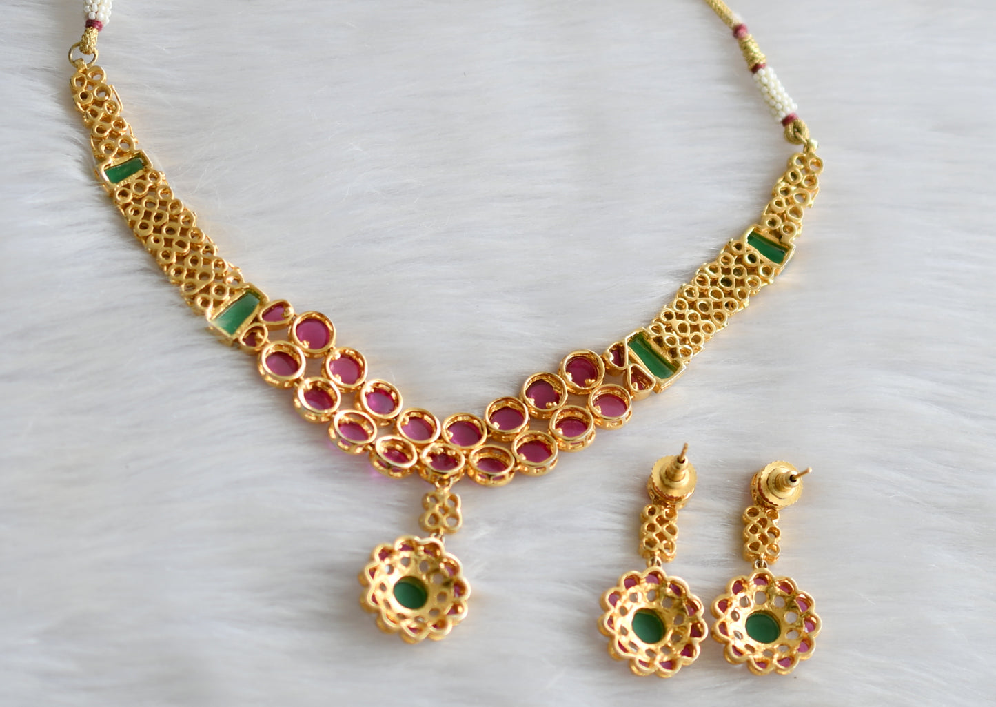 Gold tone semiprecious ruby-emerald necklace set dj-03169