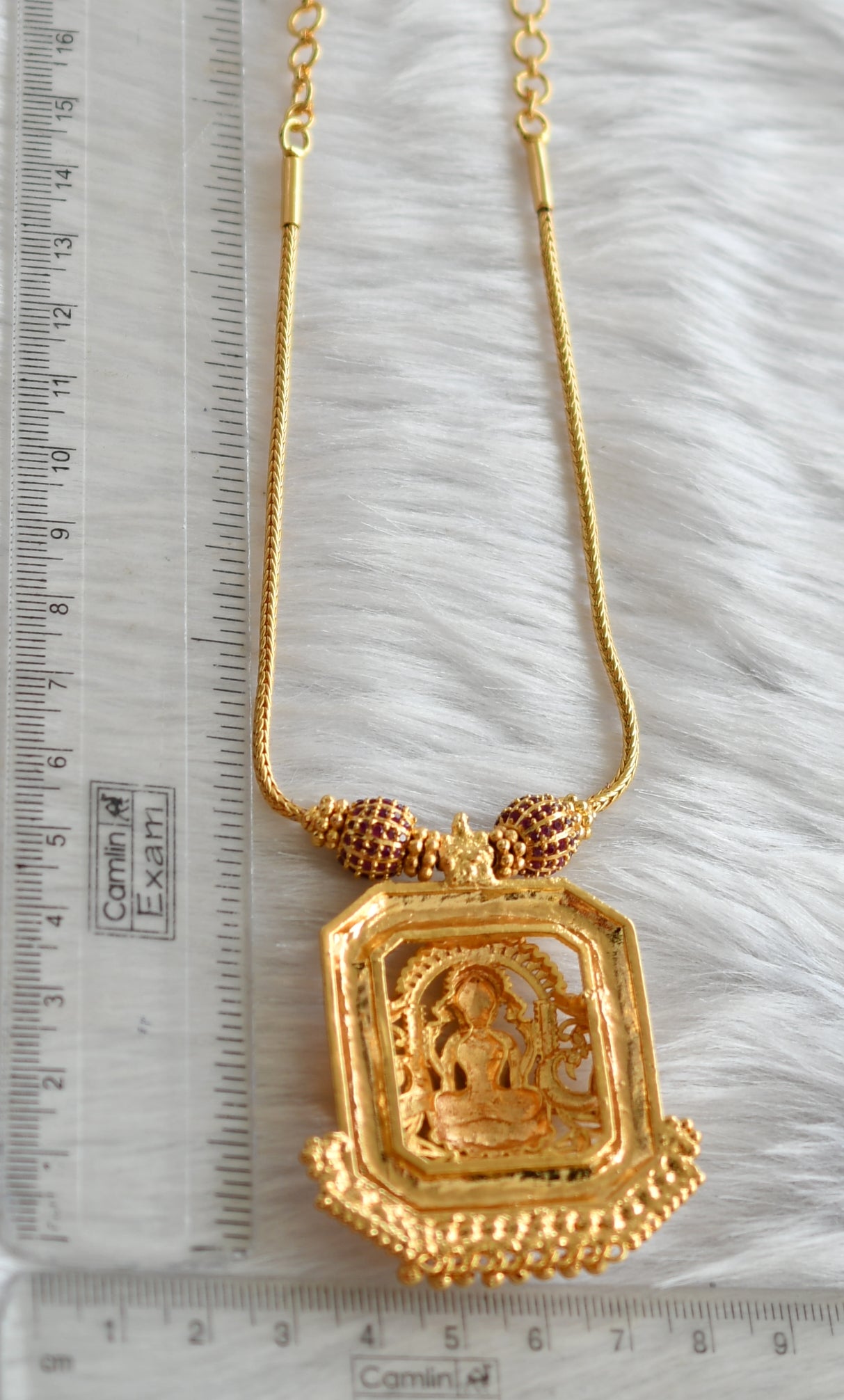 Gold tone ruby stone Lakshmi pendant necklace dj-38896