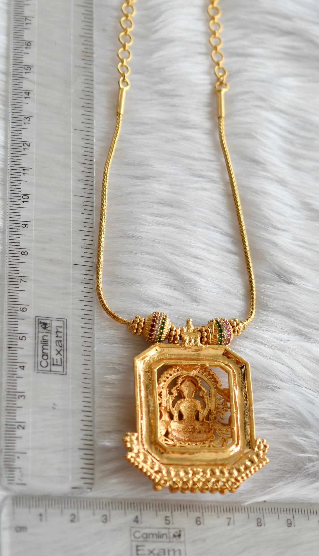 Gold tone white-ruby-emerald stone Lakshmi pendant necklace dj-38897