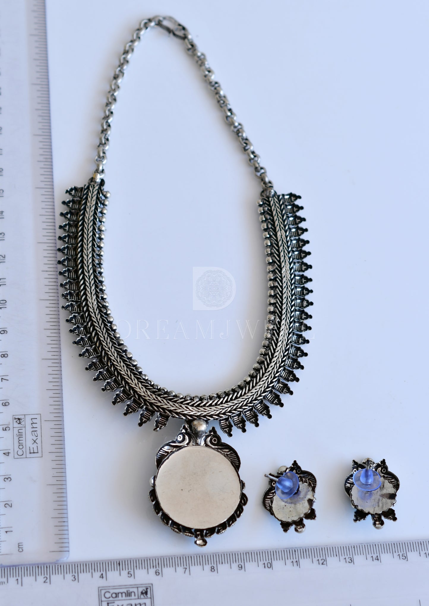 Silver tone green-pink peacock necklace set dj-35772
