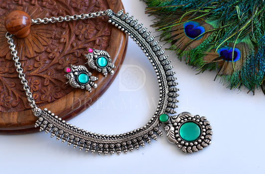 Silver tone green-pink peacock necklace set dj-35772