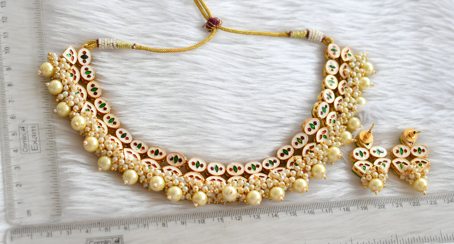 Gold tone white kundan pearl cluster necklace set dj-30116