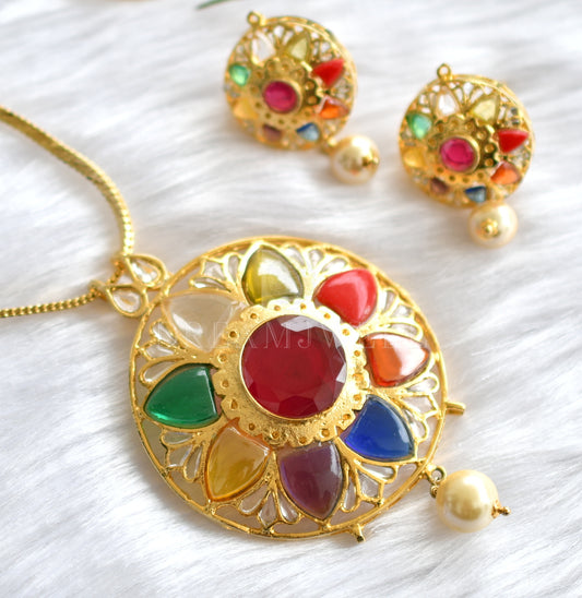Gold Tone Uncut Polki Navarathna Necklace Set dj-27379