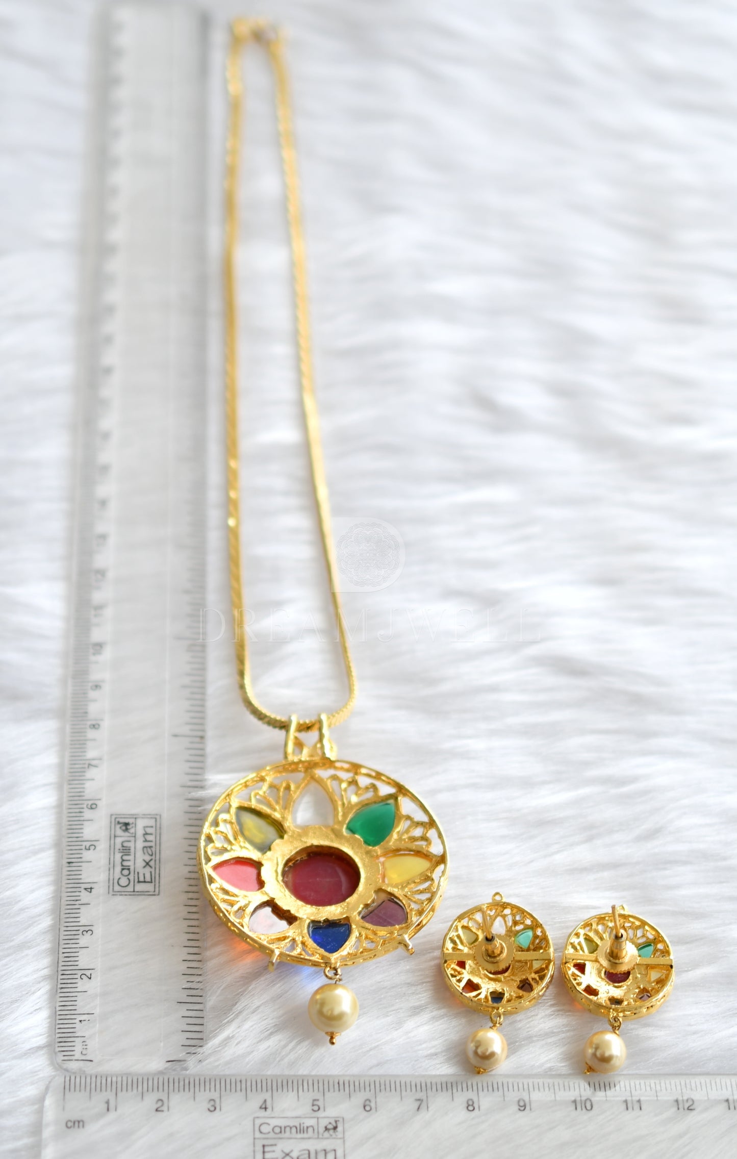 Gold Tone Uncut Polki Navarathna Necklace Set dj-27379