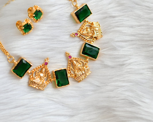 Gold tone pink-green big block stone Lakshmi necklace set dj-39661