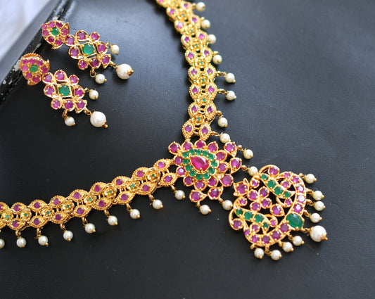 Gold tone ruby-emerald pearl necklace set dj-02018