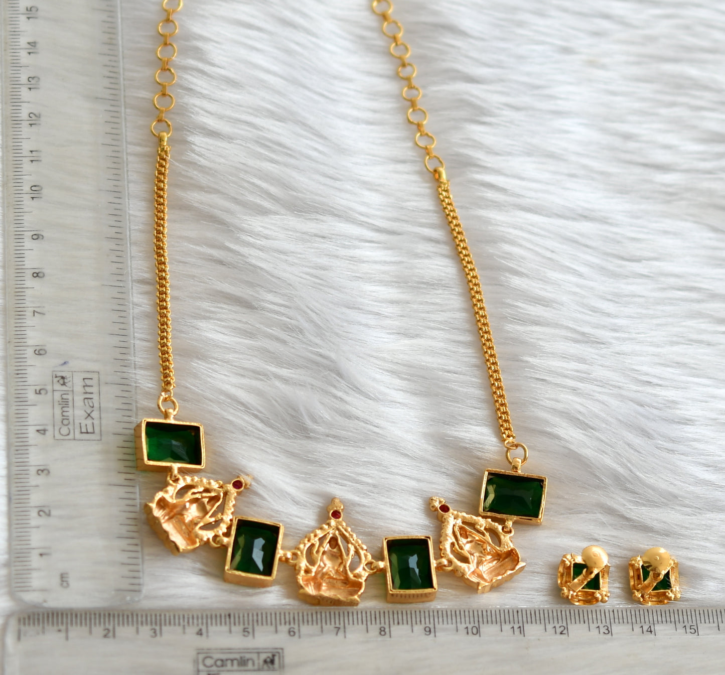 Gold tone pink-green big block stone Lakshmi necklace set dj-39661