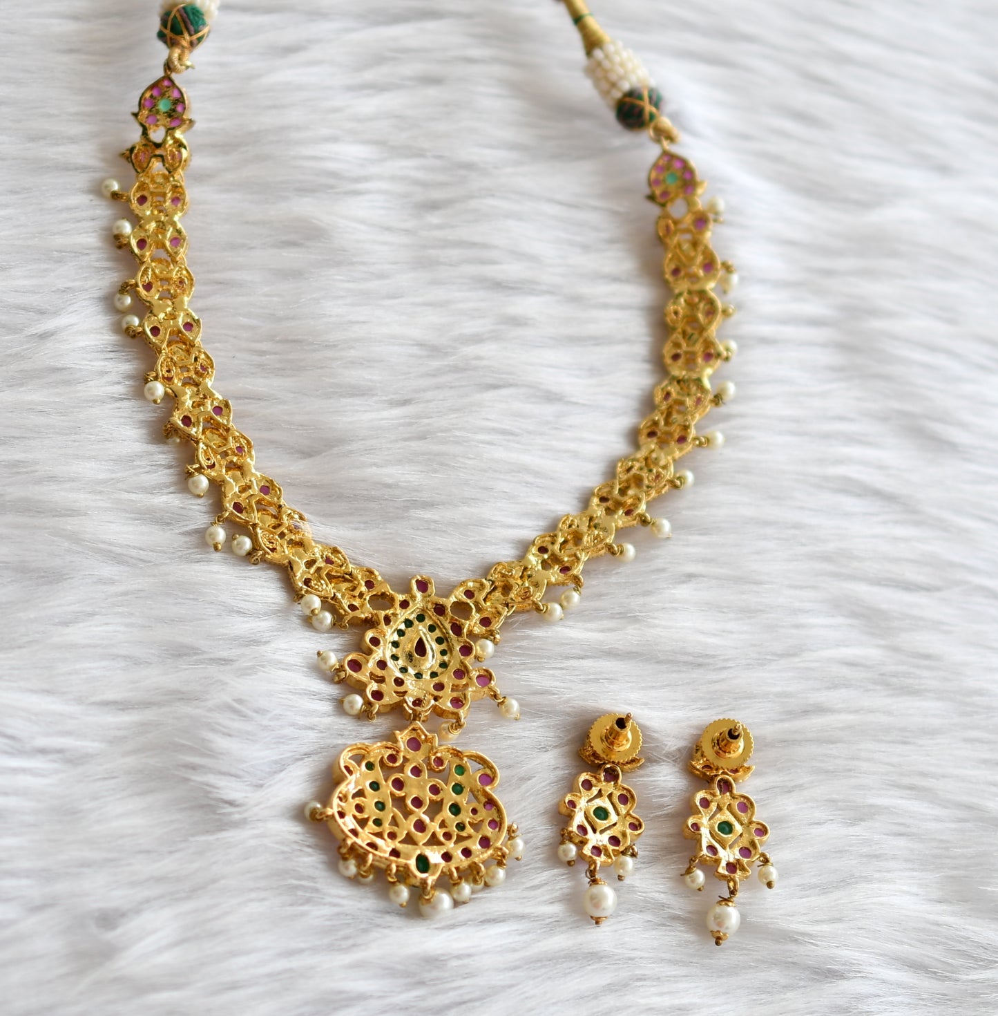 Gold tone ruby-emerald pearl necklace set dj-02018