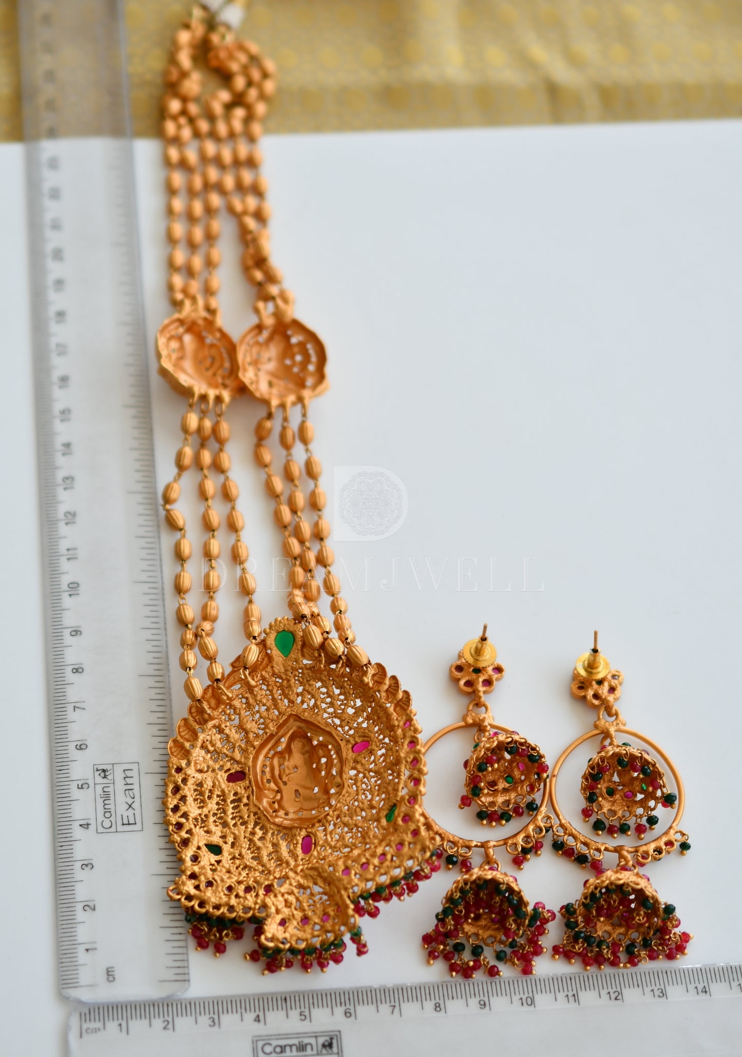 Matte finish ruby-emerald multilayer lakshmi haar set dj-09662