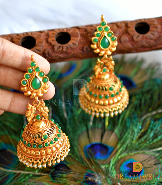 Antique gold tone green peacock jhumkka dj-11624