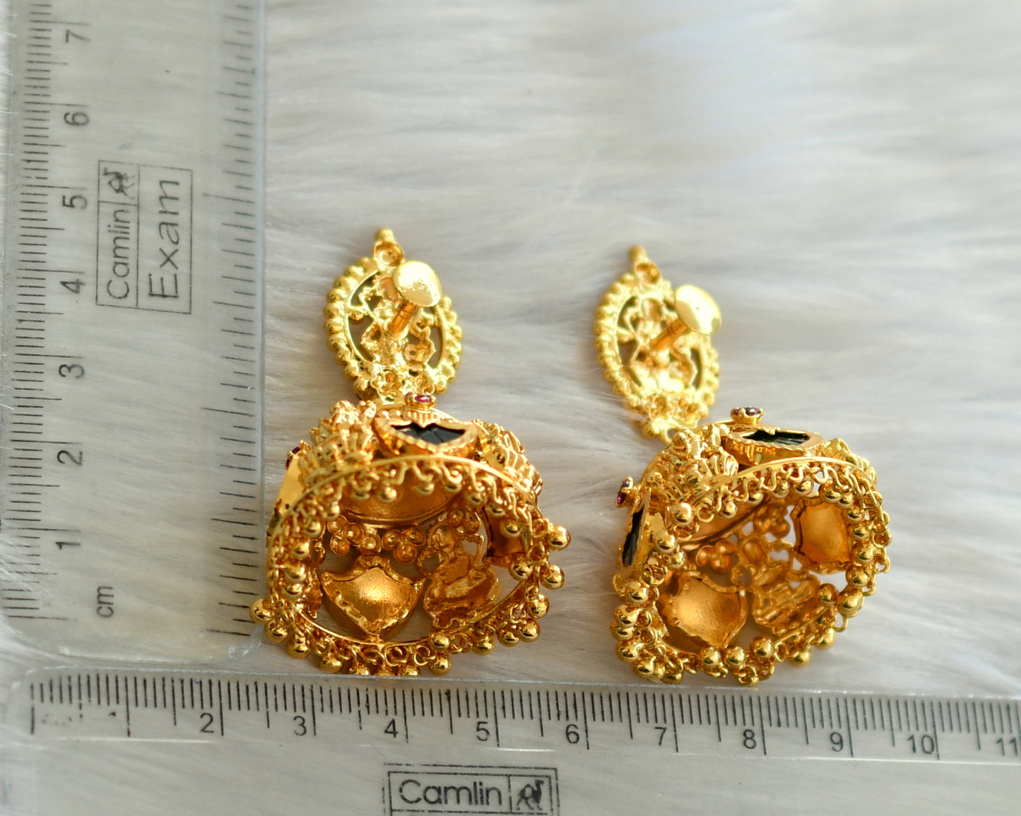 Gold tone pink-green palakka Lakshmi Kerala style 4 petal jhumkka dj-40305